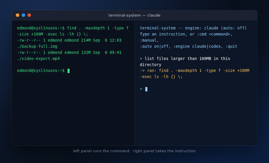 terminal-system, i due pannelli tmux affiancati: shell a sinistra, istruzioni AI a destra