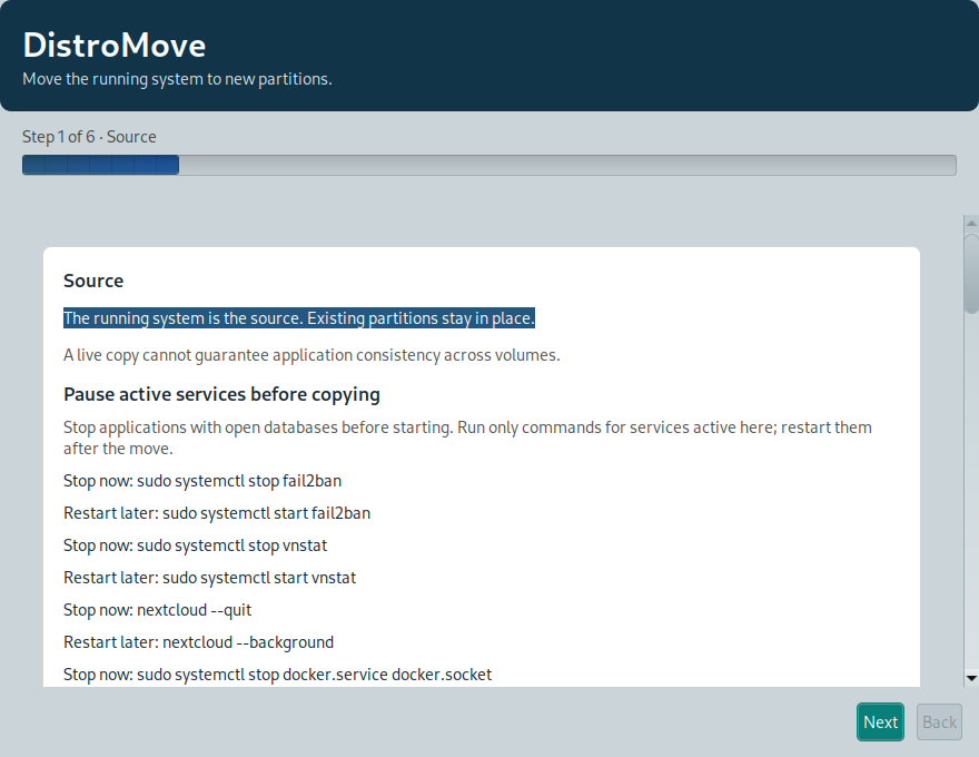 DistroMove 0.1.23: schermata Origine e servizi da sospendere