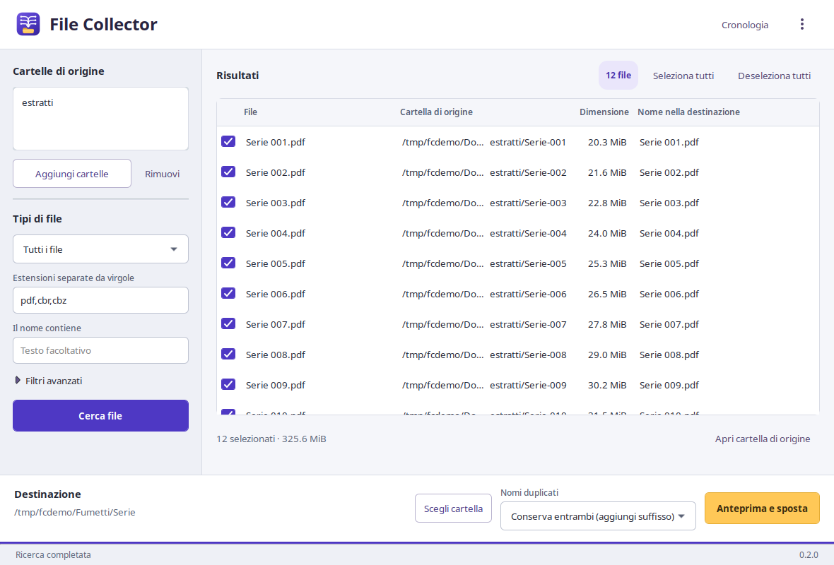 File Collector: ricerca dei PDF in cartelle separate e anteprima dei nomi di destinazione