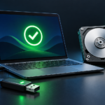 Illustrazione del recupero dell’avvio Linux con computer, supporto USB e disco da riparare