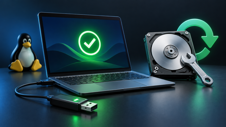Illustrazione del recupero dell’avvio Linux con computer, supporto USB e disco da riparare