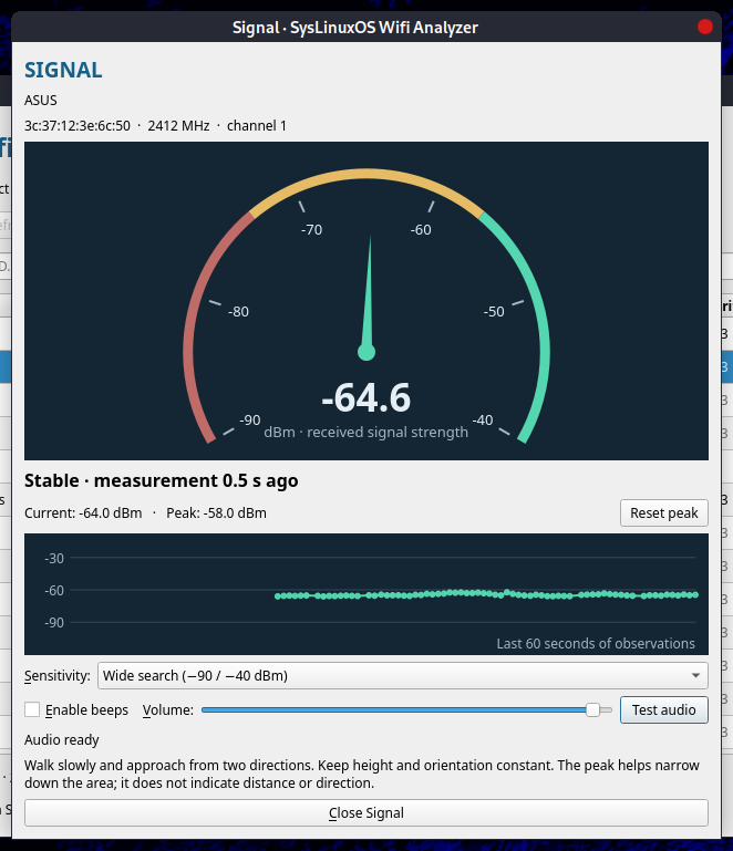 SysLinuxOS Wifi Analyzer: segnale, massimo e storico delle misurazioni